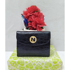 Albert Nipon Black Leather Crocodile Embossed Kislock Credit Card Bifold Wallet
